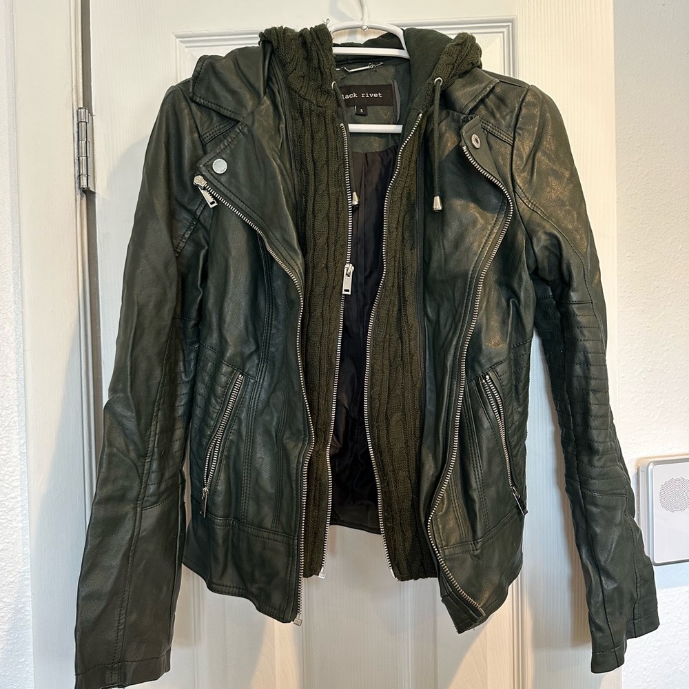 *SOLD* Wilson’s Dark Green Leather and Knit Moto Jacket with Hood